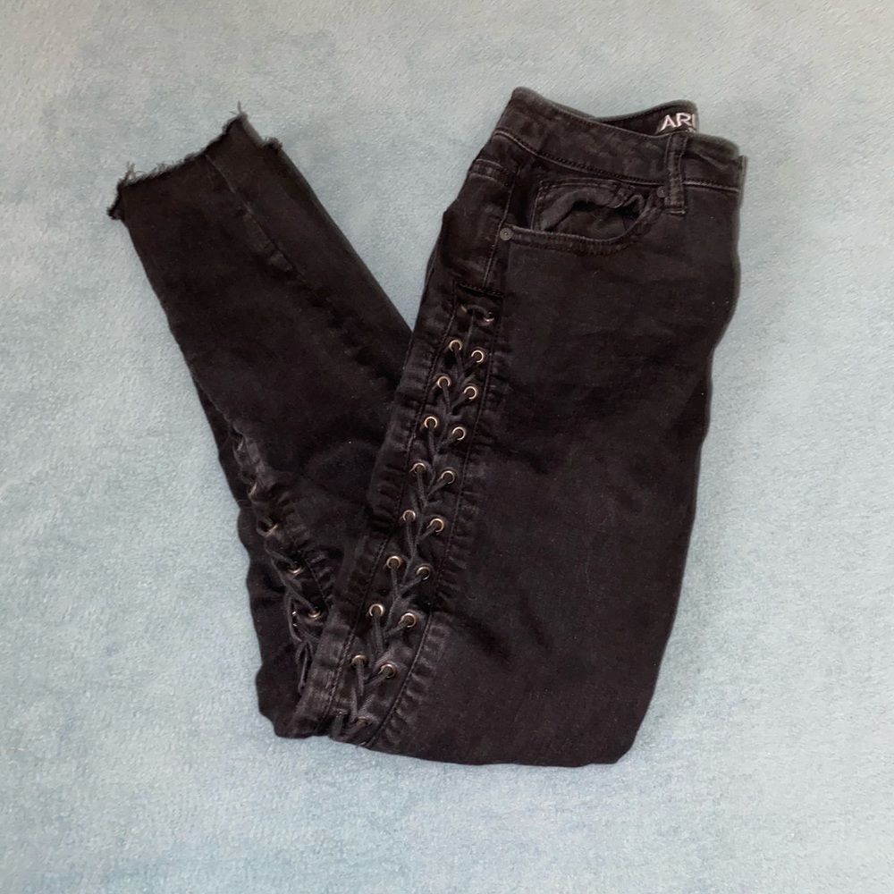 Lace up black cropped skinny jeans